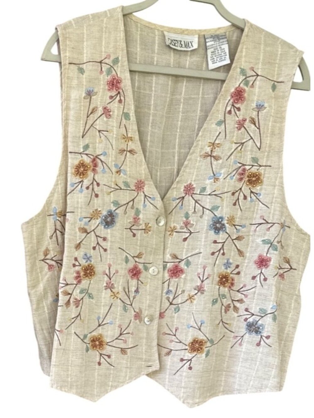 Casey & Max Womens XL Beige Floral Embroidered Vest Cotton Linen Blend Tie Back